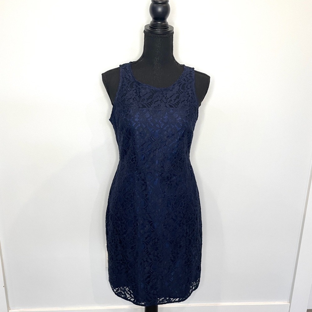 J. Crew Dark Blue Floral Lace Sleeveless Dress